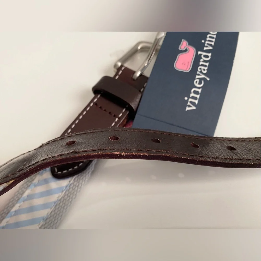 Vineyard Vines Kids Boys Seersucker Canvas Club Striped Blue White Brown Belt 26